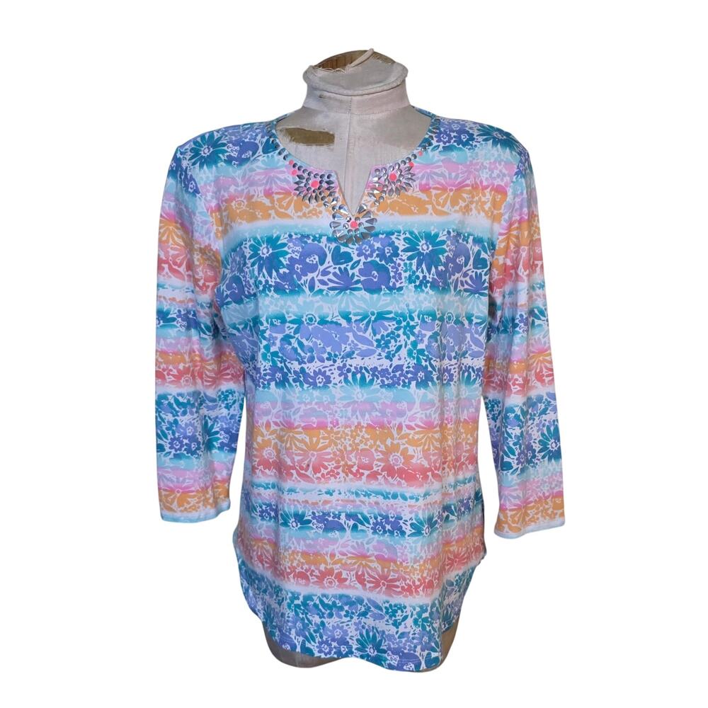 Ruby Rd Favorites Embellished Watercolor Stripe Print Top Size M NWT